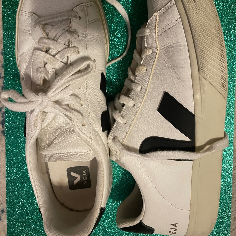 VEJA White Leather Sneakers with Black Accent V